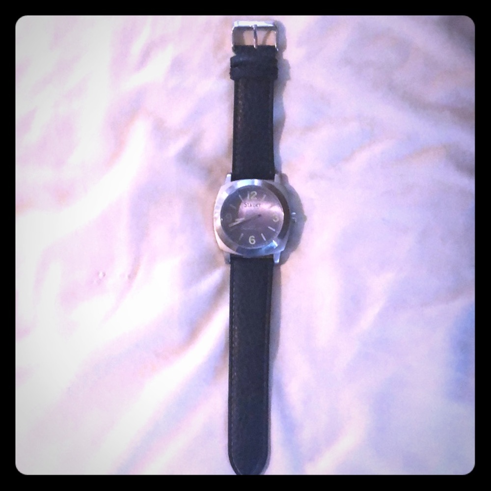 Stauer silver watch with black leather band